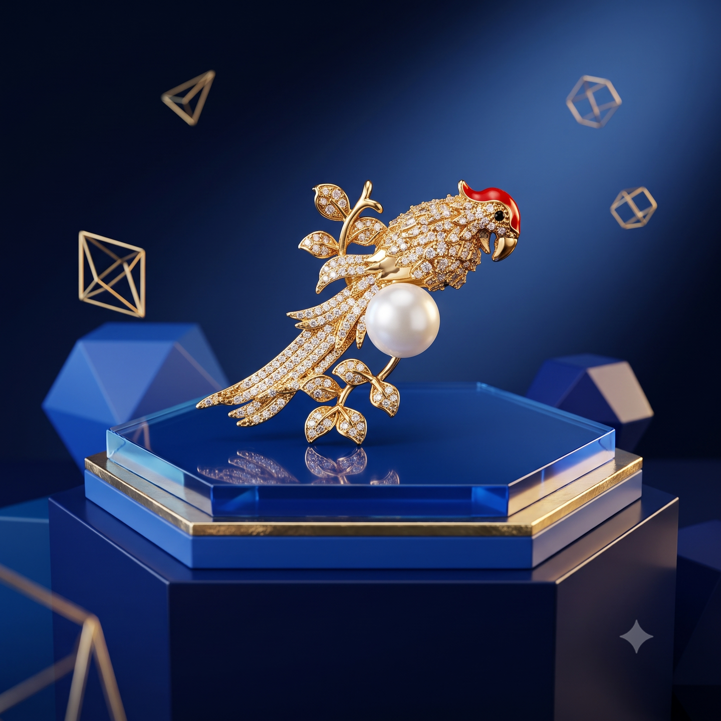 The Golden Pave Parrot & Pearl Brooch