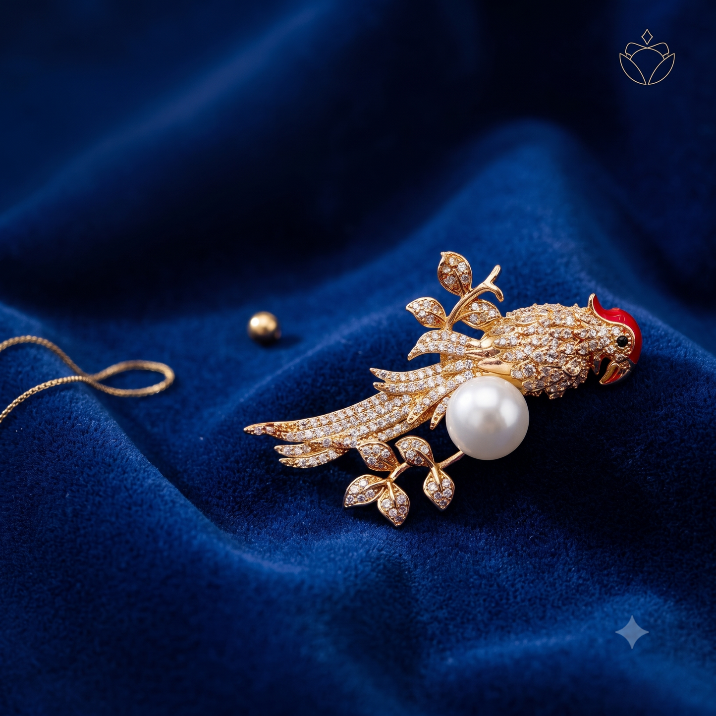 The Golden Pave Parrot & Pearl Brooch