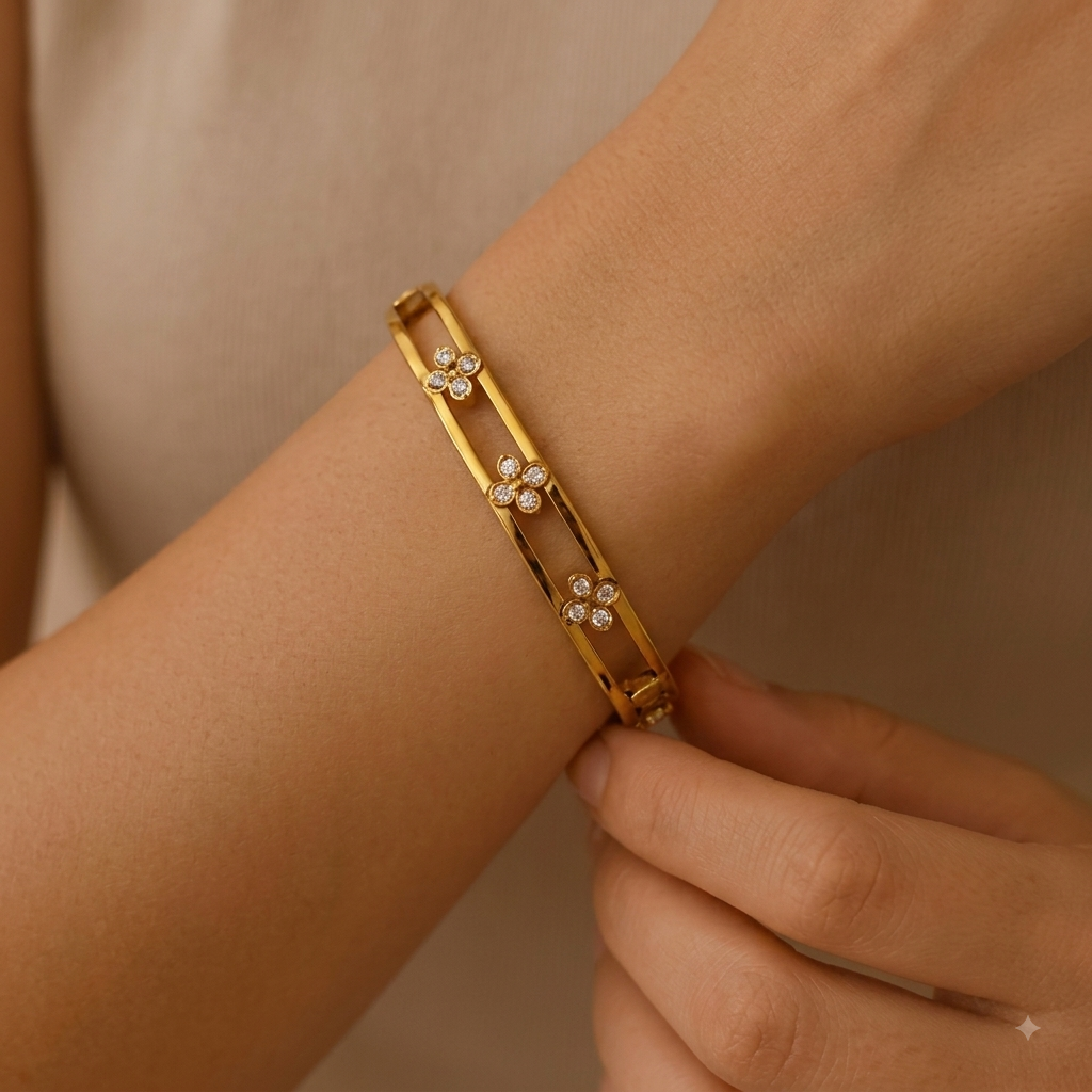 Gold Petal Glow Sparkle Stone Bracelet For Women