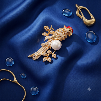 The Golden Pave Parrot & Pearl Brooch