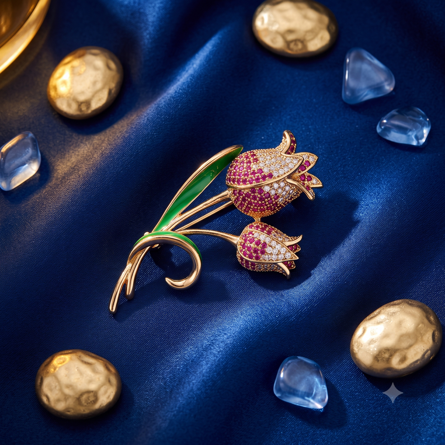 The Enchanted Twin Tulip Pavé Brooch in 18k Gold Finish