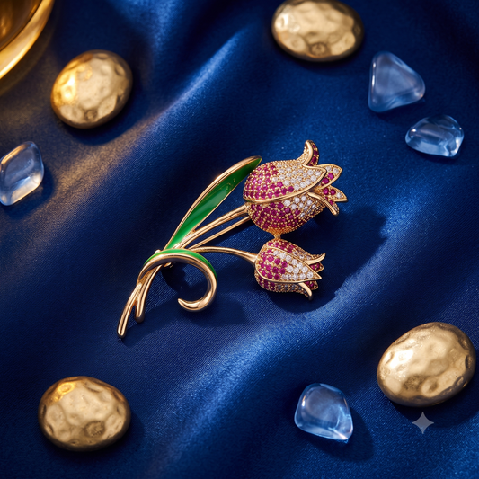 The Enchanted Twin Tulip Pavé Brooch in 18k Gold Finish