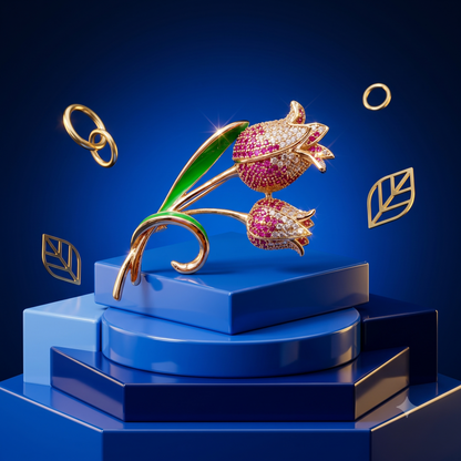 The Enchanted Twin Tulip Pavé Brooch in 18k Gold Finish